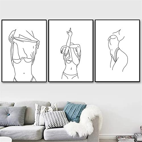 Sexy Frauen-Körperkunst-Leinwand-Poster abstrakte weibliche Linienzeichnung Druckgemälde minimalistische Wandkunst Bilder Wohnzimmerdekoration ohne Rahmen 40 x 50 cm x 3 Stück