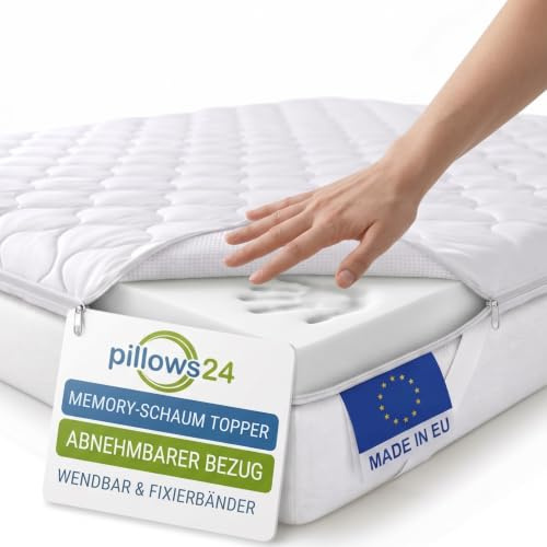 Pillows24 Topper 120x200cm, Memory-Schaum, 6cm hoch, Wendbar, Waschbar | Matratzentopper mit Fixierbändern & abnehmbarem Bezug, Made in EU, Matratzenauflage, Matratzen Topper für jedes Bett
