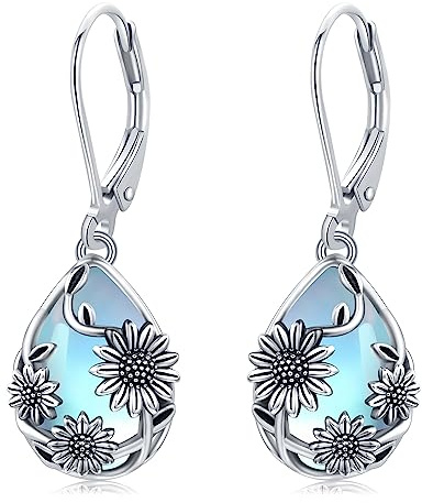 Moonstone Dangle Drop Earrings 925 Sterling Silver Sunflower Teardrop Leverback Earrings Sunshine Flower Jewellery Gifts for Women Girls Daughter