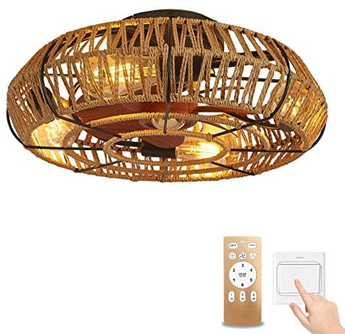 Lampadario con Ventilatore da Soffitto Vintage, Rustico Ventilatore da Soffitto con Luce e Telecomando Attacco E27 , Motore DC Silenzioso, Funzione Estate Inverno, Cordone di Canapa Stile Bohemien