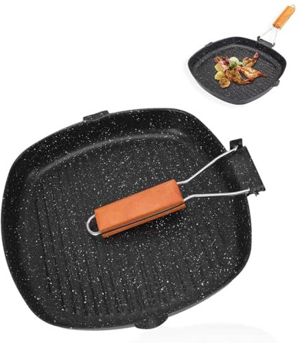 Sartén Grill, Sartén Grill Antiadherente para Estufas Sartén Cuadrada con Mango Desmontable Sartén Grill de Acero al Carbono para Cocinar en Interiores Carnes Verduras(28x28cm)