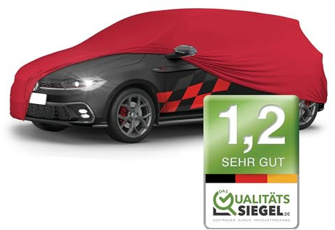 WALSER Premium Abdeckung Auto Indoor Stretch Plus Qualitätssieger Sehr Gut* Autoabdeckung Winter Autogarage Abdeckung Autoplane Winter Autogarage Abdeckung Winter Auto Abdeckplane Größe 1 rot