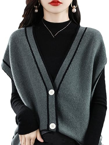 OFFSUM Gestrickte Pulloverweste Für Damen - Herbst Einreiher Koreanischen Stil Casual Pullover Weste V-Ausschnitt Patchwork Strickjacke Ärmellose Strick Weste Mantel