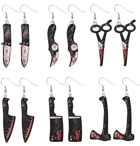 AOVNA 6 Pairs Halloween Knife Earrings Simulation Bloody Scissors Knife Chopper Axe Earrings Halloween Party Supplies Scary Earrings Ornaments for Women Girls