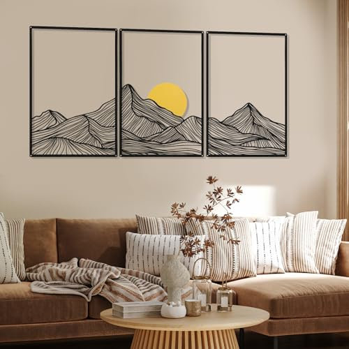 Peryiter Bergwandkunst, Metall, Berg-Sonnen-Linie, Wanddekoration, schwarz, abstrakt, minimalistisch, rustikal, Natur-Dekorationen für Badezimmer, Wohnzimmer, Geschenke, 3 Stück