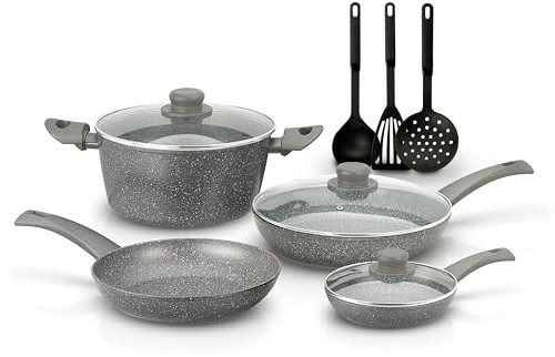 zanetti - DURAPIETRA Batteria Pentole a Induzione 10 pz, 3 Padelle 20, 24, 28 cm, 3 Coperchi, Casseruola 24 cm, Pala Fritto, Schiumarola e Mestolo. Per tutti i piani cottura INCLUSO INDUZIONE.