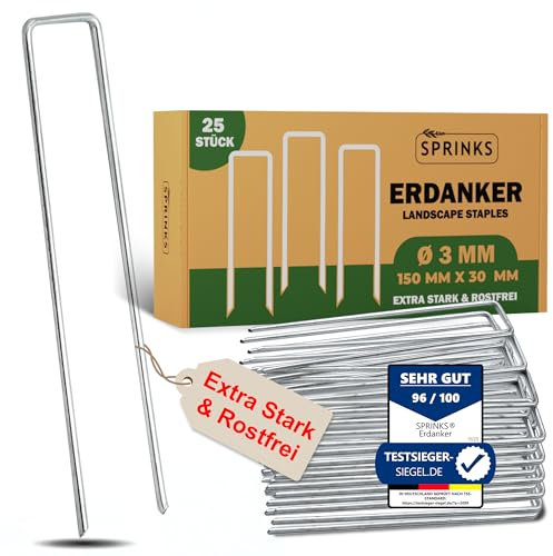 SPRINKS® Erdanker Heringe aus verstärktem Stahl [25 Stück] – Extra stabile Anti-Rost Bodenanker verzinkt für Unkrautvlies, Gartenvlies, Trampolin, Zaun, Zelte – Erdnägel 15 cm Lang, 3 cm Breit, Ø3 mm