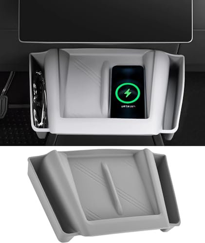Qlhshop Car Center Console Side Organizer Tray Storage Sunglasses Holder with Wireless Charger Silicone Protector Mat for 2024 Tesla Model 3 Highland Interior Accessories for Inside Storage, Gray