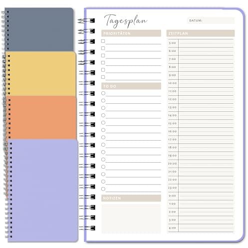 BIROYAL Zeitmanagement Handbuch, 4 Stück Tagesplaner, 100 Seiten Terminplaner, 14x21cm To Do Liste, Daily Planner Spiralblock, Notizblöcke Terminplaner Notizbuch für Reise Schule Organizer
