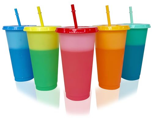 Letech+ Vasos reutilizables que cambian de color con tapas y pajitas, vasos de plástico, agua fría para adultos para beber helado, café, batidos, bebidas en fiestas, 24 oz, 5 unidades