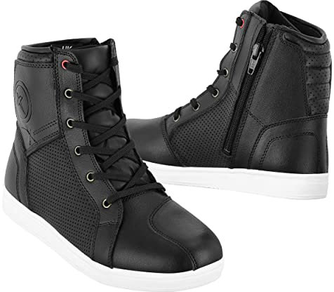 Stivali da moto da uomo – Scarpe protettive in pelle per motociclisti, traspiranti, rinforzate con cavigliera, suola antiscivolo, stivali da turismo con lacci approvati CE, Nero , 42 EU