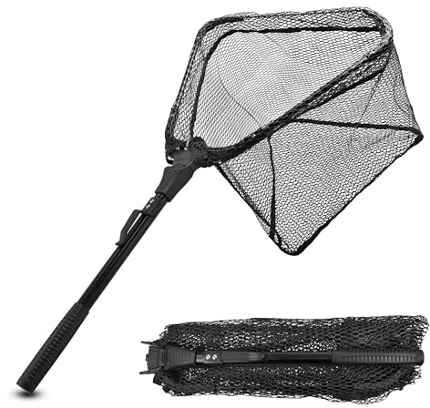 Folding Fishing Landing Net Collapsible Dip Net Telescopic Pole Extensible Fishing Net for Kayak Boat Saltwater Freshwater Safe Fish Catching or Releasing