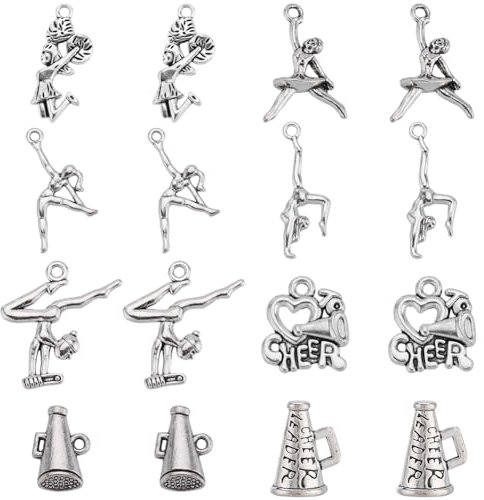 SUNNYCLUE 1 Box 80 Stück 8 Stile Cheer Charms Silber Cheerleader Charm Bulk Legierung Gymnastik Jump Pom Liebe Herz Cheer Horn Sport Charms Für Die Schmuckherstellung Charms Ohrringe Schlüsselanhänger