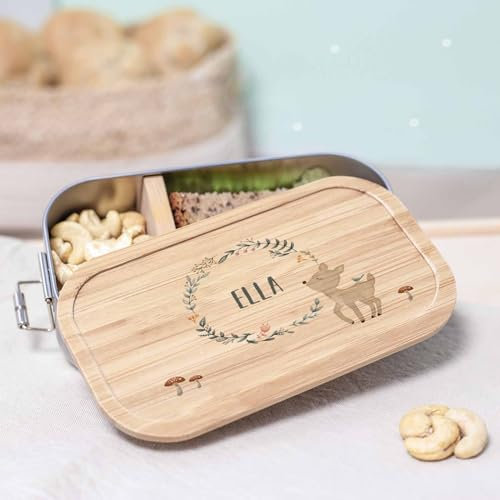 hellomini Personalisierte Brotdose für Kinder - Geschenk zur Einschulung - Lunchbox Geburtstagsgeschenk Junge & Mädchen, Brotdose zum Schulanfang (Reh, 750ml)