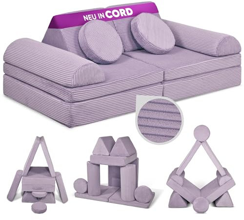 Linodino® Spielsofa Cord Fantasiewelt, Kindersofa-Bausteine - Kreative Stapelsteine für Kinder - Kindercouch, Sofa-Kuschelecke im Kinderzimmer | Schaumstoff-Softbausteine [Oktopus Lila]