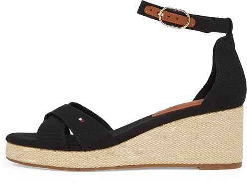 Tommy Hilfiger Damen Wedge Sandalen Flag Criss-Cros Mid mit Knöchelriemen, Schwarz (Black), 37