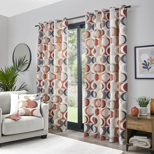 Fusion Strata Spice Orange Retro Eyelet Curtains – W46 x L72 (117 x 183cm) – 2 Panels – 100% Cotton – Geometric Circle Drapes – Terracotta Window Treatment for Bedroom & Living Room – Soft Fabric