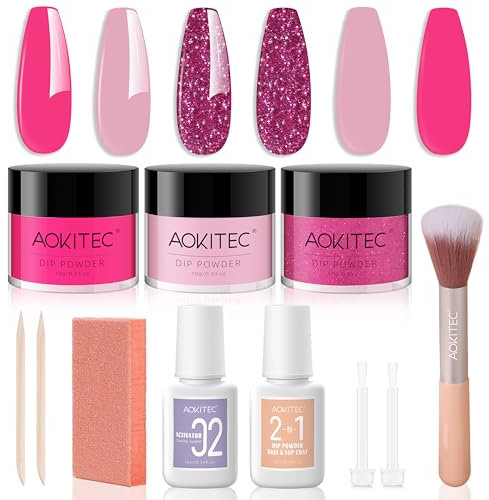 Aokitec 11 PCS Dip Powder Nail Kit - 3 Colours Nail Dipping Powder Kit with 2-in-1 Dip Base & Top Activator Powder Remover Brush Nail Powder Dip Kit Starter Set, Gift for Women & Girls, Hot Pink