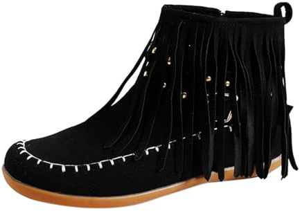 FNKDOR Stiefeletten Damen mit Seitlicher Reißverschluss Niete und Fransen Vintage Mokassin Stiefel Ankle Boots Booties Kurzstiefel (Black, 43)