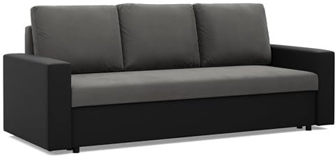 Mebligo - Sofa Dreisitzer Wohnzimmer mit Schlaffunktion, Bettkasten und Kunsteleder 220x92x92 (BxHxT) Grau und Schwarz Luna, Schlafsofa Platzsparend, Schlafcouch, Sofabett, Sofa Bed, Bettsofa