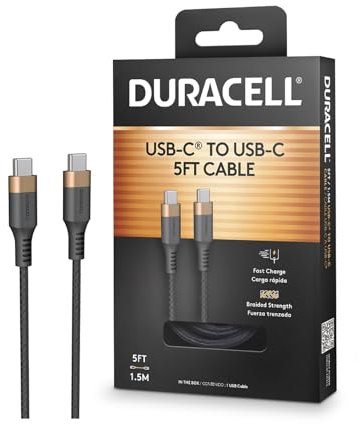 DURACELL USB-C to USB-C Charging Cable (5ft/1.5m), Fast Charging Cord, Type C Charger for iPhone 16, iPhone 15, Samsung Galaxy S24, S23, Note20, Google Pixel, iPad Air, Carplay, Tablets, & More(Black)