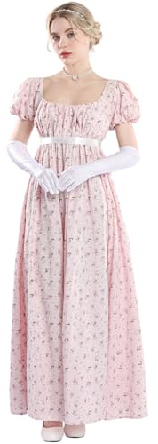 FCCAM Damen Regency Kleid Jane Austen Lange Vintage Kleider Viktorianische Ballkleid mit Handschuhen Empire Taille Kleid