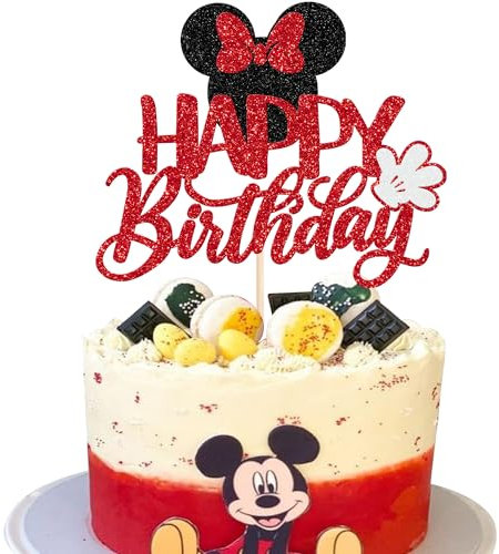 SYKYCTCY 1 Pack Mouse Happy Birthday Cake Toppers Glitter White Gloves Bow Mouse Inspired Birthday Cake Pick for Baby Shower Kids Birthday Party Cake Decorations Supplies Black Red