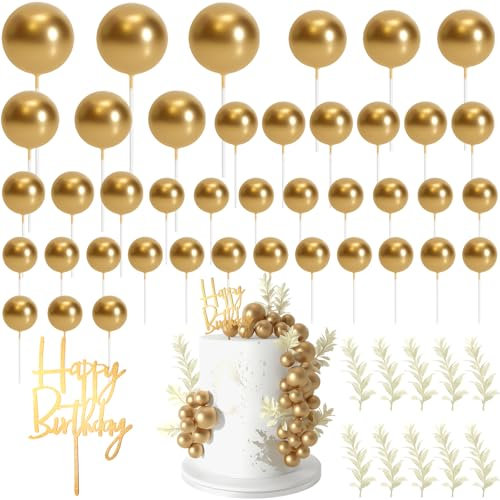 MIAHART Ball Cake Toppers Balloons Cupcake Topper Ball Cake Insert Decoration for Birthday Wedding Baby Shower Party Supplies (Gold) (Gold)
