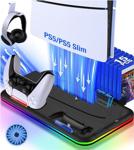 Enhance RGB LED PS5 Stand and Cooling Station with Dual Controller Charging, 3-Level Adjustable PS5 Cooler, Headset Holder and Storage Slots