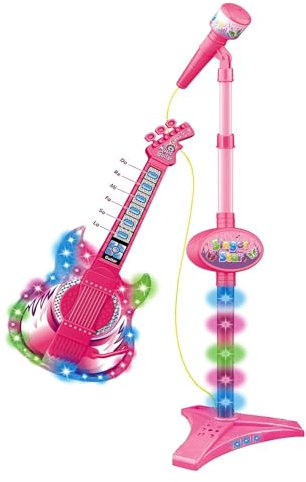 Mikrofon- und Gitarren-Set für Kinder,E-Gitarre und Mikrofon-Set für Kinder, Musikinstrument-Spielset, Gitarren- und Mikrofon-Set, Musik und Licht, höhenverstellbares Mikrofon für Kinder