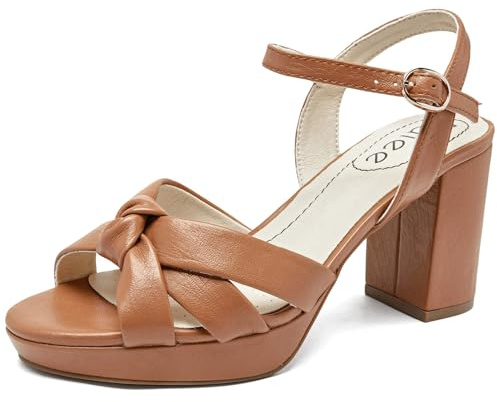 Ruiee Women's Platform Heels Chunky Heeled Sandals - Ankle Strap Open Toe Dressy Shoes Wedding Bridal Pump Heeled Sandals for Women.2408086 Tan Size6.5