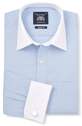THE SAVILE ROW COMPANY LONDON Men's Classic Fit Cotton Poplin Double Cuff Winchester Formal Shirt - Blue Prince of Wales Check - 18.5 Collar - Standard
