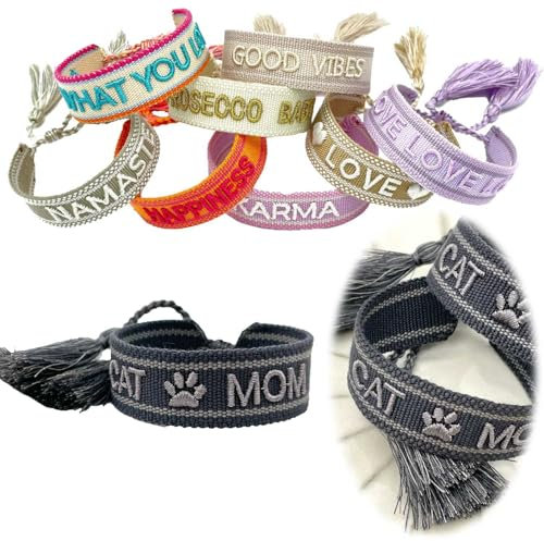 LS-LebenStil Exklusives Statement Armband - das Original - Quasten besticktes Boho Canvas Webarmband Damen Freundschaftsarmband Boho gewebt textiles Stoffarmband 16-20mm (Cat Mom Anthrazit Grau)