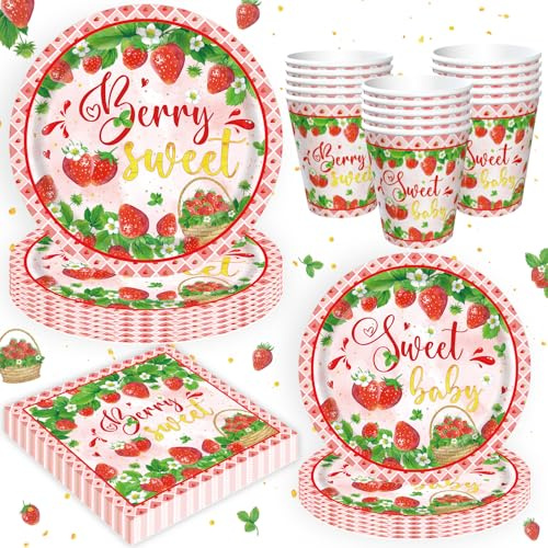 80PCS Strawberry Birthday Party Supply Strawberry Themed Decorations Berry First Birthday Party Supplies Berry Sweet Fruit Theme Tableware Set - Fruit Themed Plates, Sweet Napkins, Cups Serves 20