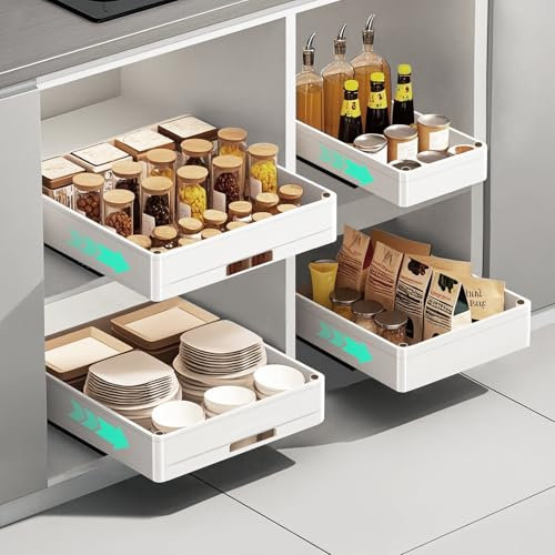 EXPSPRU 4 Pack Pull Out Cabinet Organizer, Heavy-Duty Slide Out Drawers Organiser for Kitchen Cupboards, Kitchen Storage Drawer, Slide Out Shelf for Pantry, Bathroom, Wardrobe,White (Various Sizes)