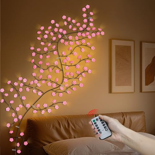 SoulBay Kirschblüten Lichterkette, 2.3m 144 LED Kirschbaum Künstlich Wand Deko Schlafzimmer Girlande mit Fernbedienung, USB Aufladbare Akku Kirschblütenbaum für Wohnzimmer Zimmer Weihnachtsdeko