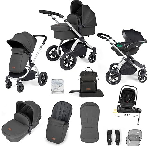 Ickle Bubba Luxe 3in1 Travel System, Nimbus Car Seat (Black/Charcoal/Black) | Baby Pram with Carrycot, Birth to 22kg, I-size car seat, 12 pc, Convertible baby stroller with Rain Cover and Accessories