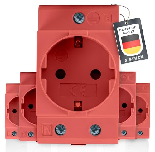 Schuko Steckdose [GS16] für Hutschiene 16A 230V 2P+E – 5er Pack Rot/Orange – Schutzkontaktsteckdose für 35 mm DIN-Schienenmontage – Einbausteckdose für Verteilereinbau & Schaltschrank