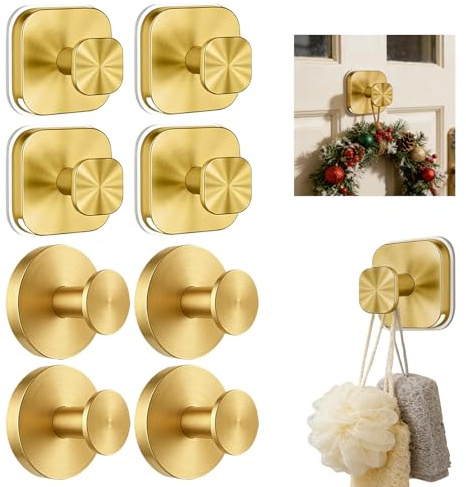 FOLAI Versatile Suction Hooks,Adhesive Hooks,Stainless Steel No Drilling Required,The Best Wreath Hanger for Front Door, Self-Adhesive Towel Holder and Bathroom Essentials(8, Gold)