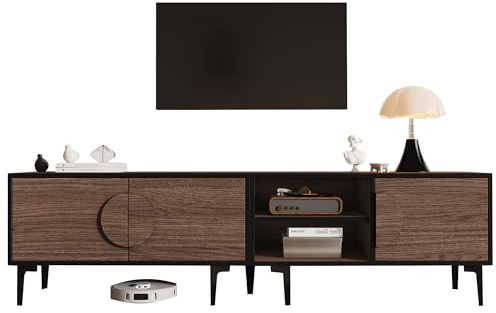 HAINEW TV Schrank Lowboard mit 3 Türen und 2 Offene Ablagefächer, TV Tisch TV Ständer Fernsehtisch Fernsehschrank, Halbkreisförmige Dekoration,180×35×49cm, HNDE25122209 (Dunkelbraun)