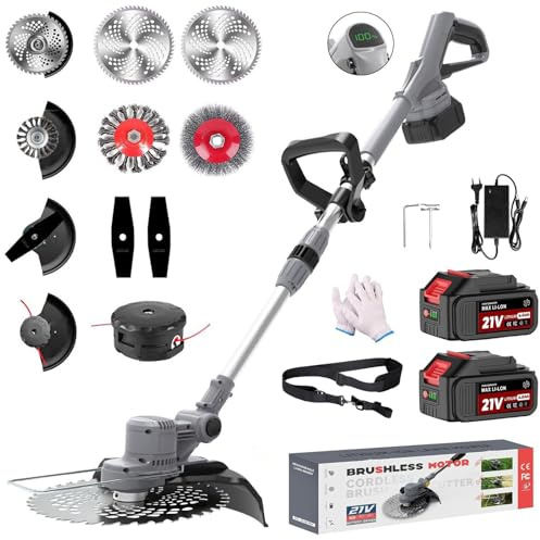 Akku Rasentrimmer für Makita Akkus,Rasentrimmer mit Unkrautbürste 2 X 4.0Ah Akkus,4-In-1 Akku Freischneider Mit LCD-Anzeige,Motorsense Akku,750W Bürstenloser Motor – für Garden Trimme (Grau)