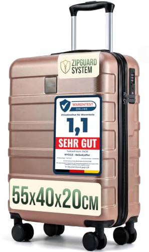 HYGGZ® Trolley Handgepäck Koffer, Champagne (Rosa), 55x40x20cm, Hartschale | TSA Schloss, 360° Rollen, 36L Volumen, Passend für Lufthansa, Ryanair, Eurowings