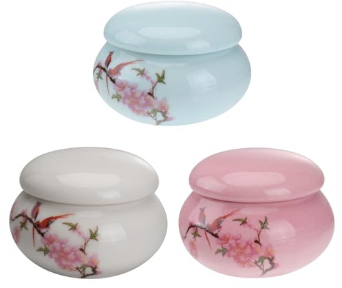 HOOWIFFY Lot de 3 Pots à Rouge à Lèvres en Céramique Alimentaire Couvercle, Mini Boîtes de Rangement Décoratives en Porcelaine Blanche, Bleue et Rose, pour Cosmétiques et Poudre, Usage