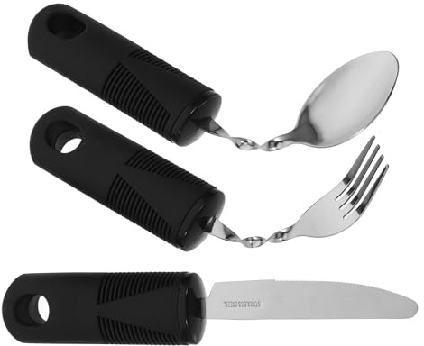 Housoutil 3 Piezas Juego de Cubiertos Adaptables Anti Temblores para Adultos y Personas Mayores, Cuchara, Tenedor y Cuchillo de Acero Inoxidable con Mango Flexible y Antideslizante Negro