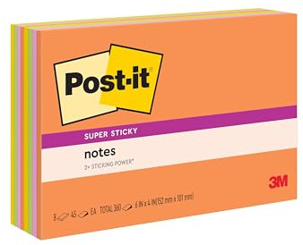 Post-it Super Sticky Notes, 8 Sticky Note Pads, 6 x 4 in., School Supplies, Office Products, Sticky Notes for Vertical Surfaces, Monitors, Walls and Windows, Energy Boost Collection