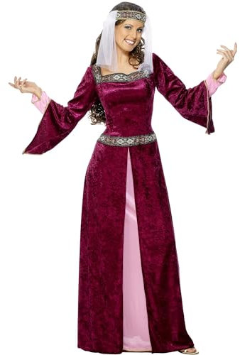 Smiffys Maid Marion Kostüm, Burgunderrot, mit Kleid und Kopfbedeckung, Burgundy