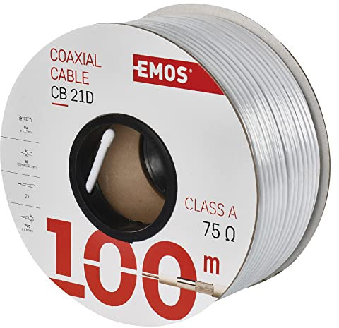 EMOS CB21D CB21D-Cable coaxial m, Blanco, Länge 100 Meter