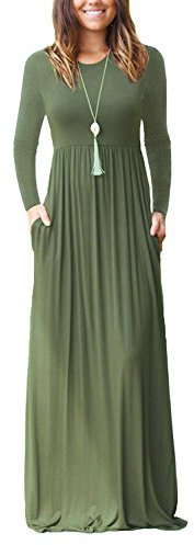 AUSELILY Women's Casual Long Sleeve Maxi Dress Loose Long Dresses with Pockets Army Green L