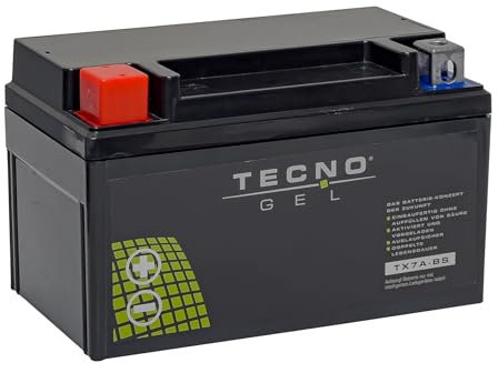 TECNO-GEL Motorrad-Batterie für YTX7A-BS, 12V Gel-Batterie 6Ah (DIN 50615), 151x87x94 mm