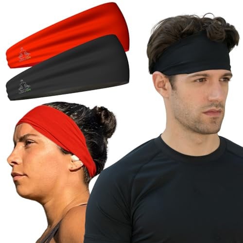 Value 2-Pack, Mens Headband - Guys Sweatband & Sports Headbands Moisture Wicking Workout Sweatbands for Running, Cross Training, Skiing and bike helmet friendly - Value Pack 1-Black & 1-Red Sweatband